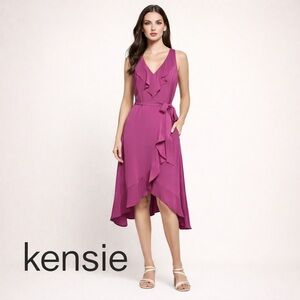 NWT Kensie Vibrant Fuchsia Crepe Faux Wrap Midi Dress Size 2